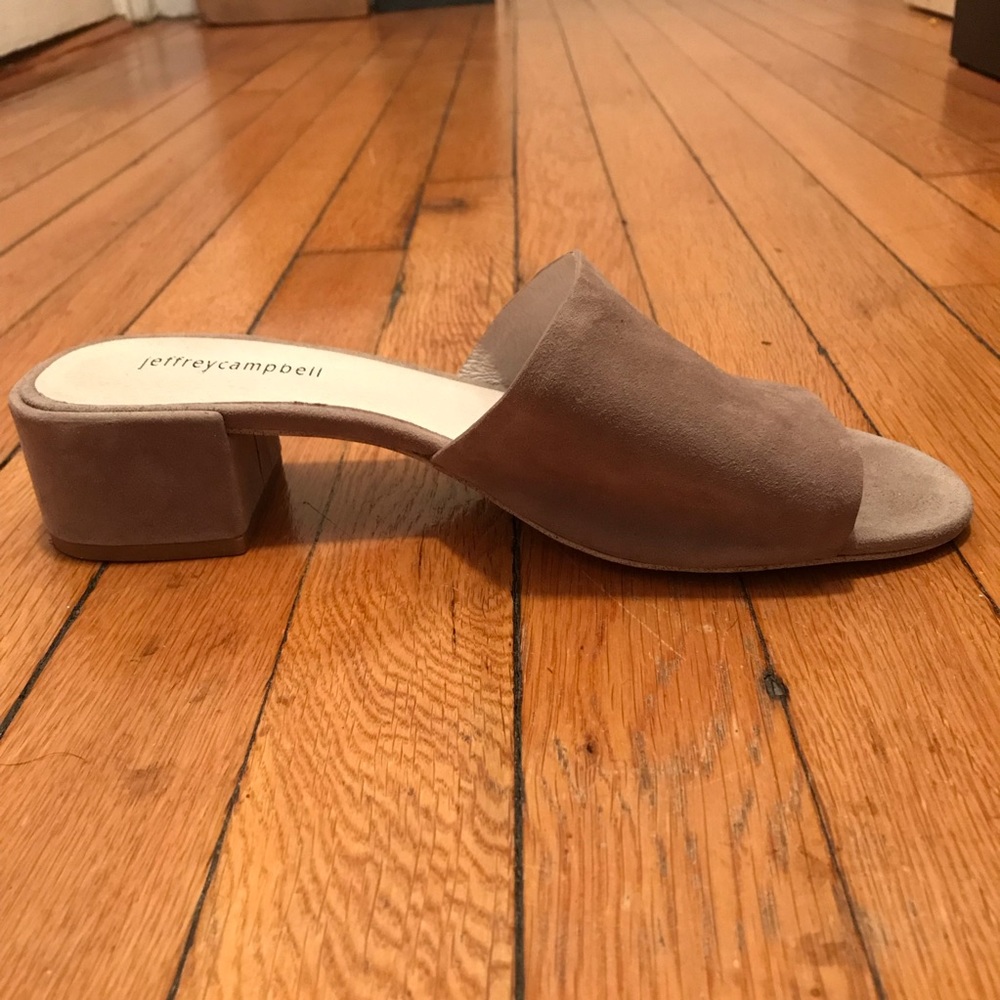 Jeffrey Campell tan suede slide wedge sandals